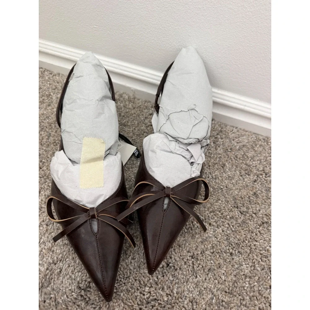 Zara Bow Slingback Heels – Brown – Women's 6.5 – NWT